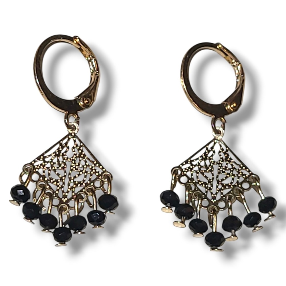 Small Vintage Gold Tone Filigree Chandelier Dangle Earrings Black Crystal Beads